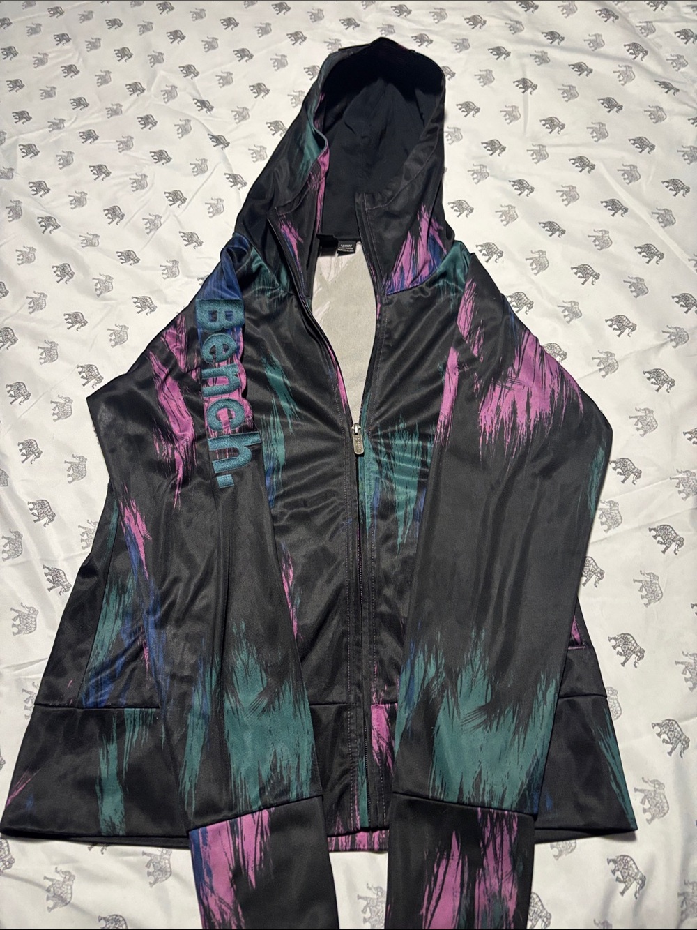Bench Black Hooded Bomber Jacket with Pink & Teal Brush Accents